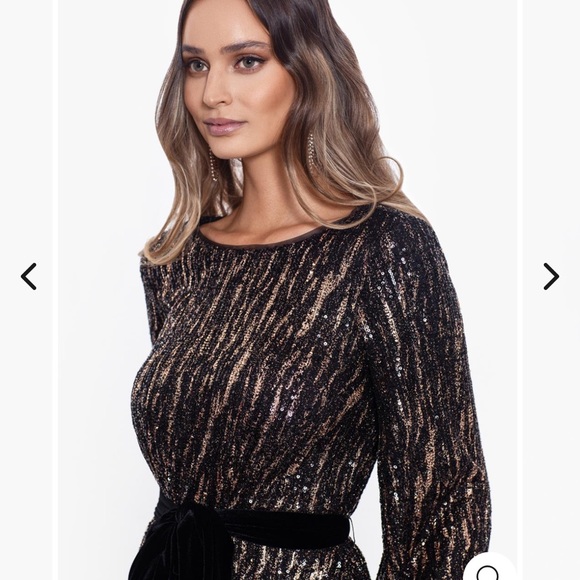 Betsy & Adam Sequin Trapeze Long Sleeve Velvet Self-Tie Belt A-Line Dress - Picture 4 of 12